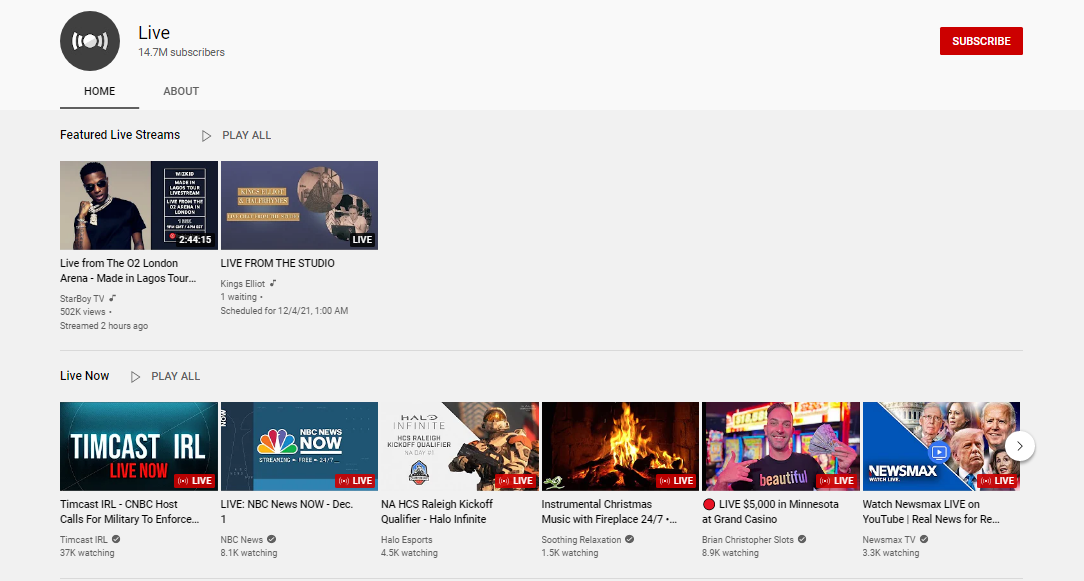 YouTube Live Homepage